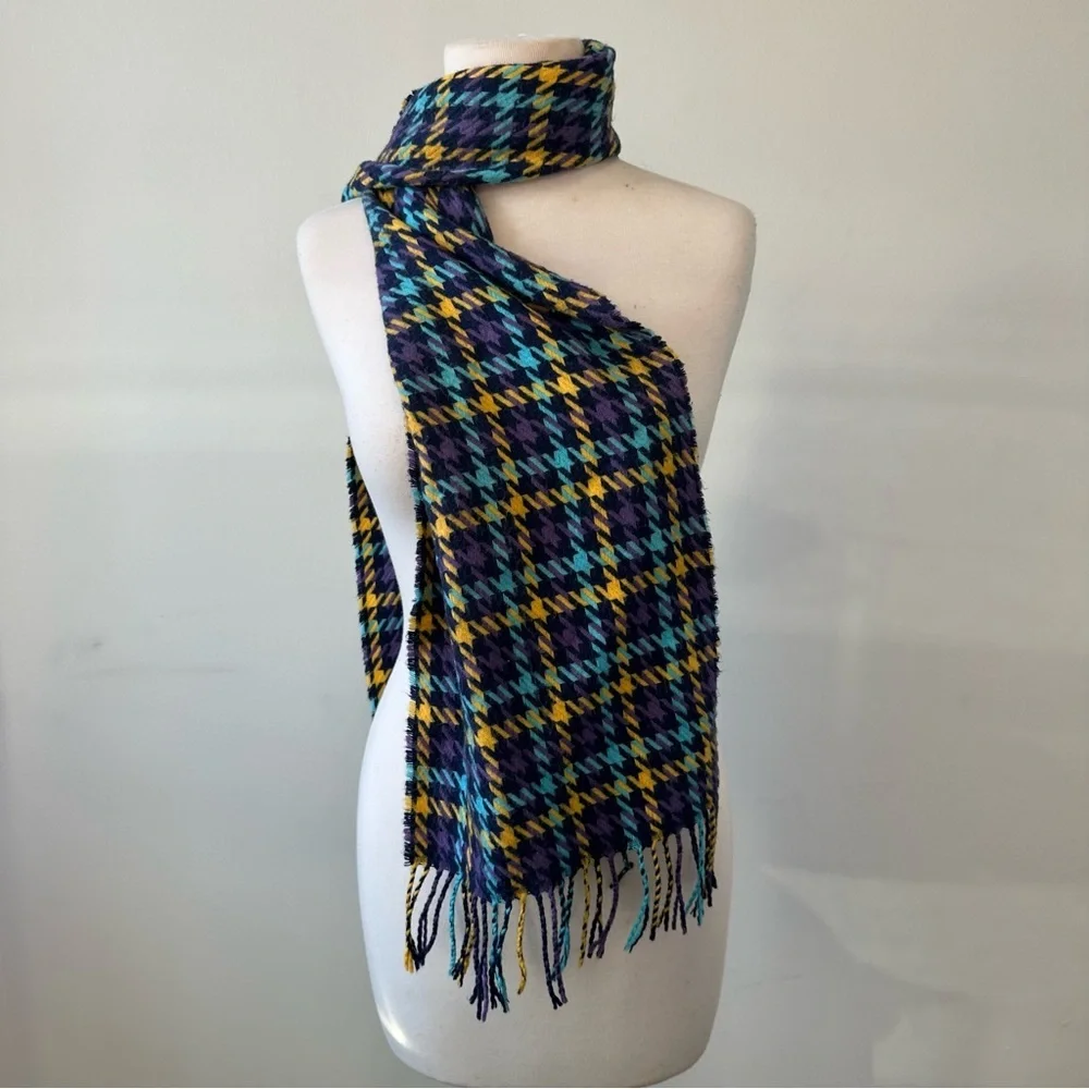 100% Cashmere Plaid Houndstooth Multicolor Scarf with Fringe